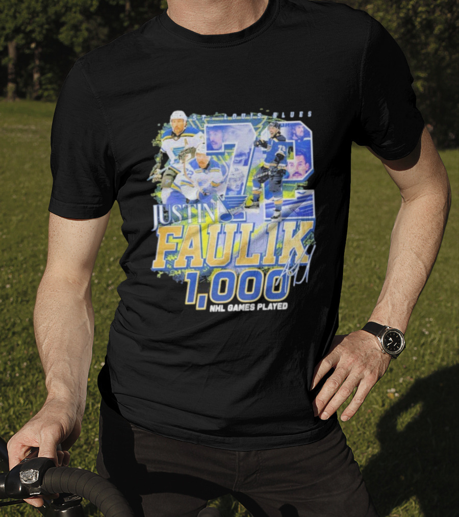 St. Louis Blues Justin Faulk 72 1000 NHL Games Played Signature T-Shirt