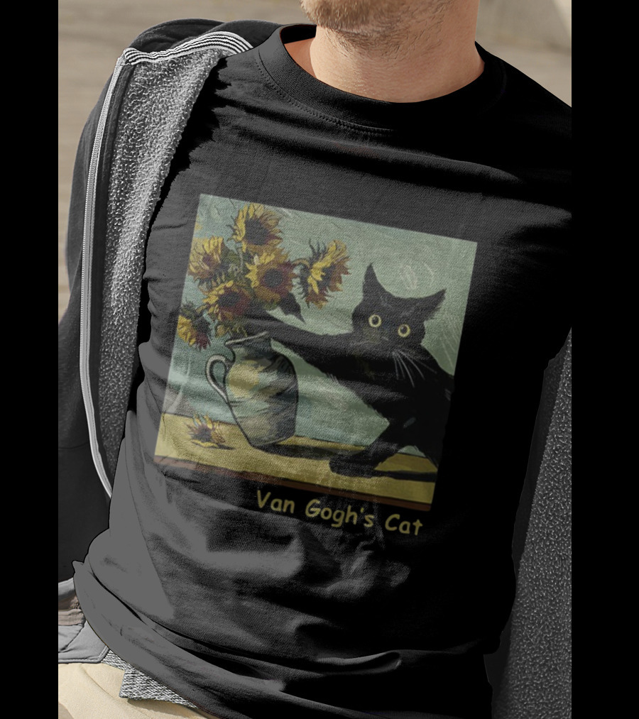 Van Gogh's Cat Sunflowers Funny Art Parody Cat Hugging Vase Painting T-Shirt