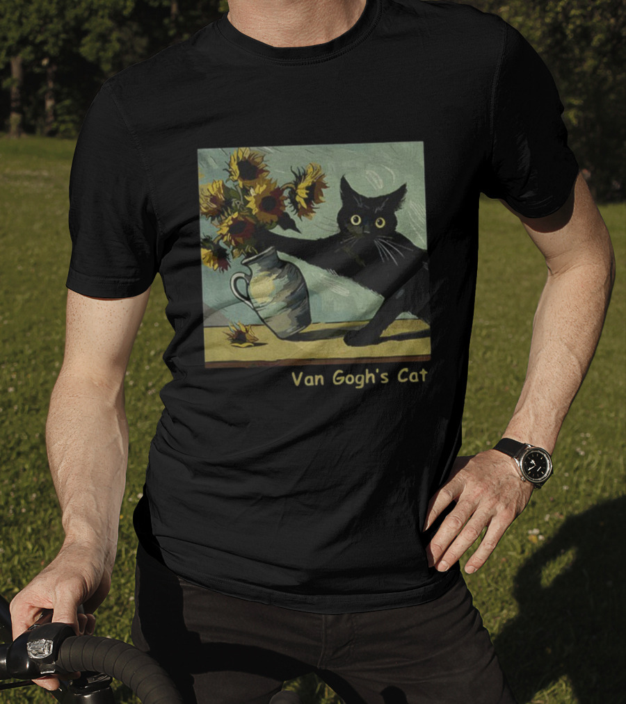 Van Gogh's Cat Sunflowers Funny Art Parody Cat Hugging Vase Painting T-Shirt