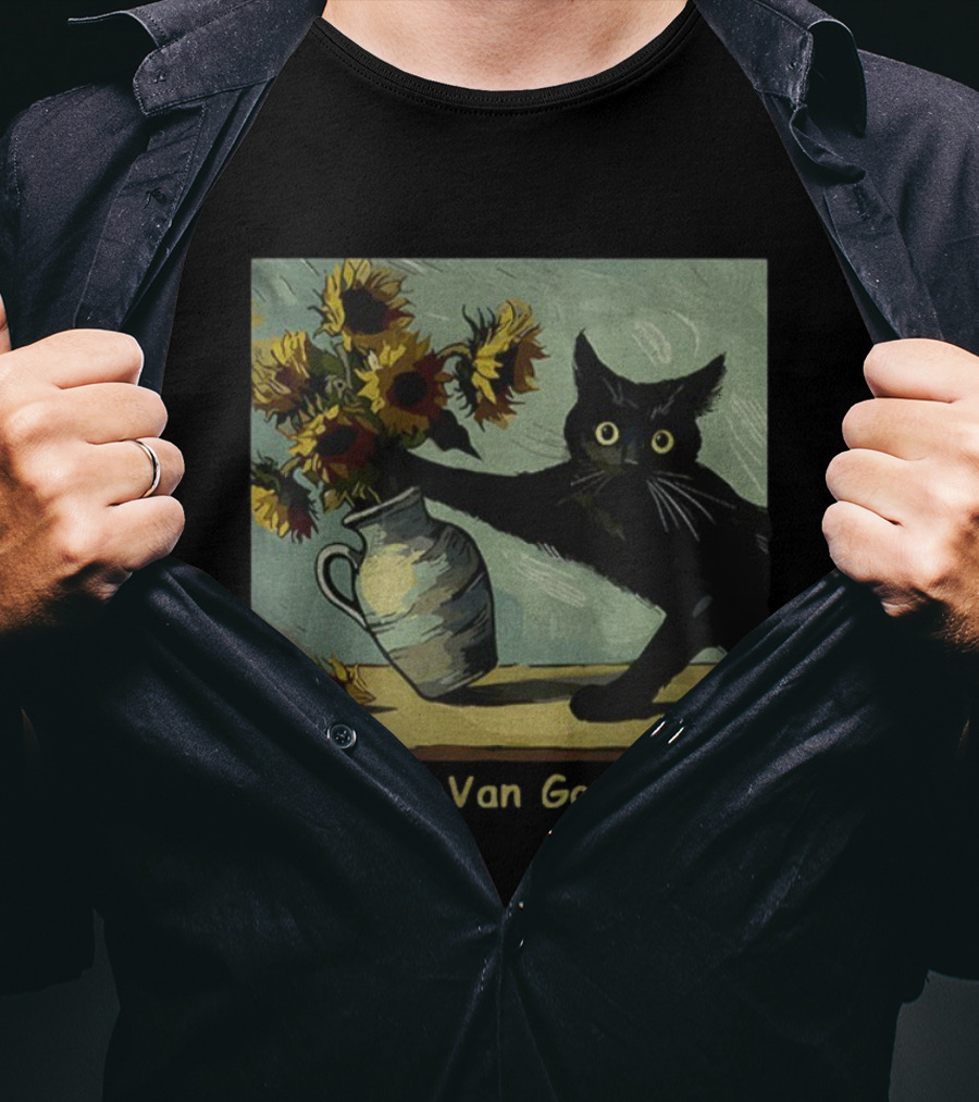 Van Gogh's Cat Sunflowers Funny Art Parody Cat Hugging Vase Painting T-Shirt