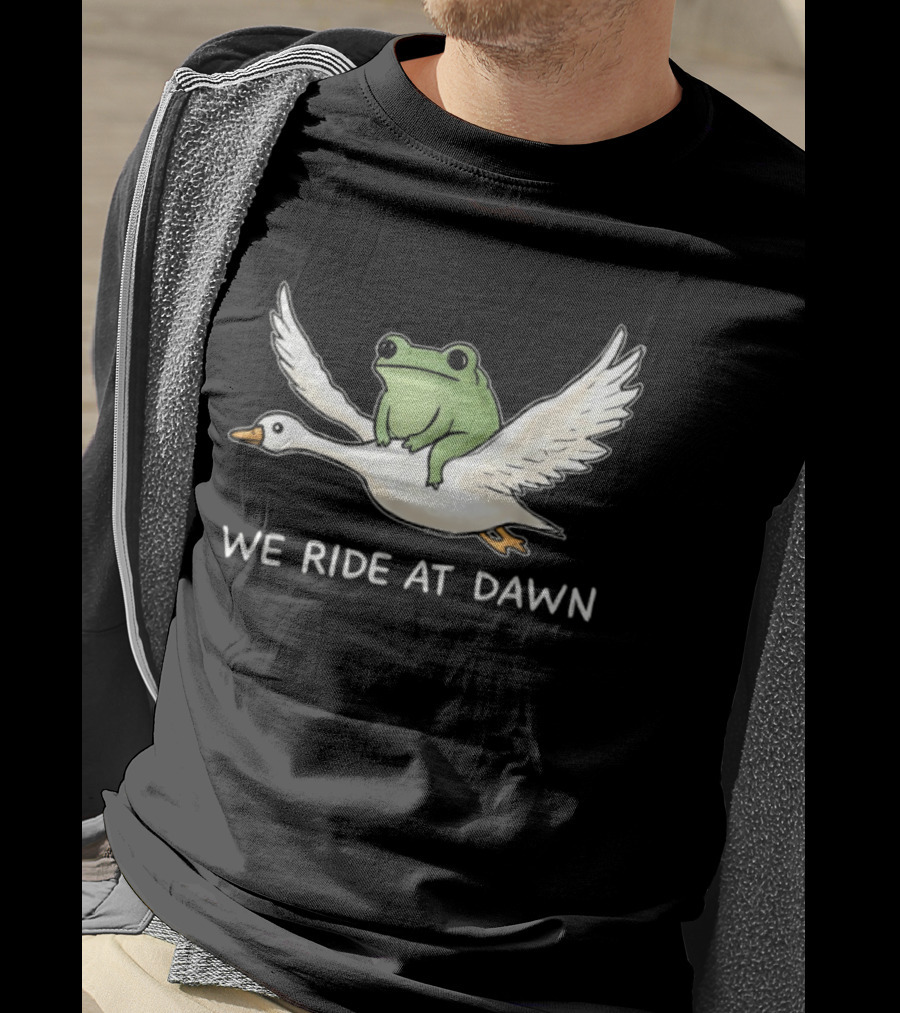 We Ride At Dawn Frog Riding Goose Funny Animal Adventure T-Shirt