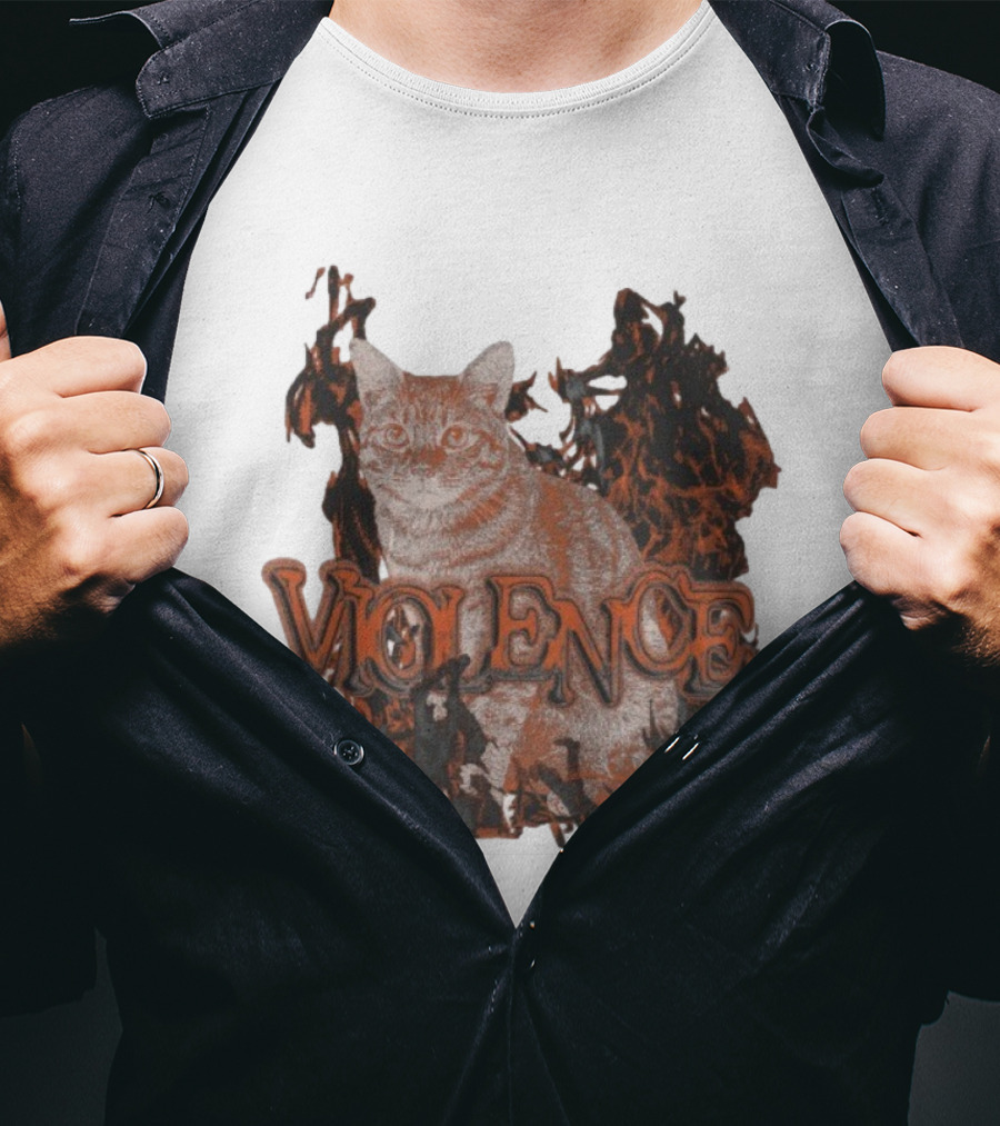 Violence Cat Flames Bold Typography Fiery Graphic T-Shirt