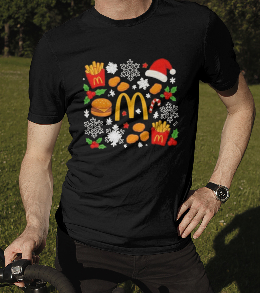 McDonald's Holiday Merry Christmas Fries Nuggets Snowflakes Candy Cane Santa Hat T-Shirt