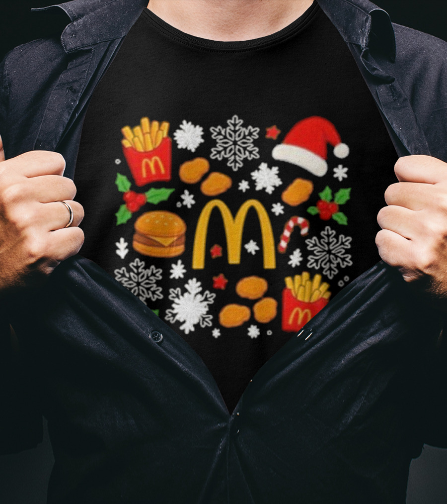 McDonald's Holiday Merry Christmas Fries Nuggets Snowflakes Candy Cane Santa Hat T-Shirt
