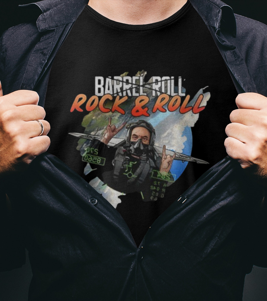 Barrel Roll Rock And Roll Pilot With Earth And Jet Background T-Shirt