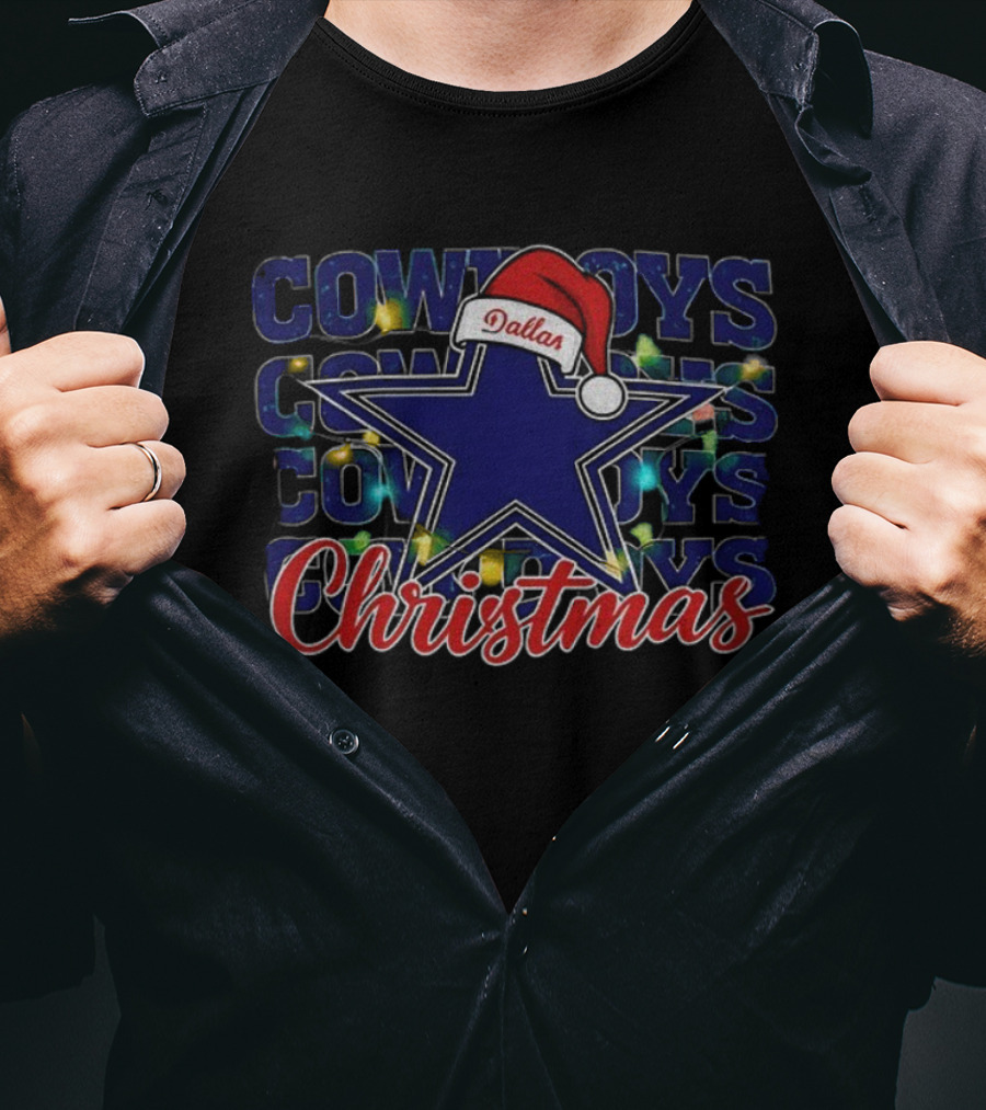 Cowboys Dallas Star Santa Hat Christmas Lights NFL Football Holiday T-Shirt