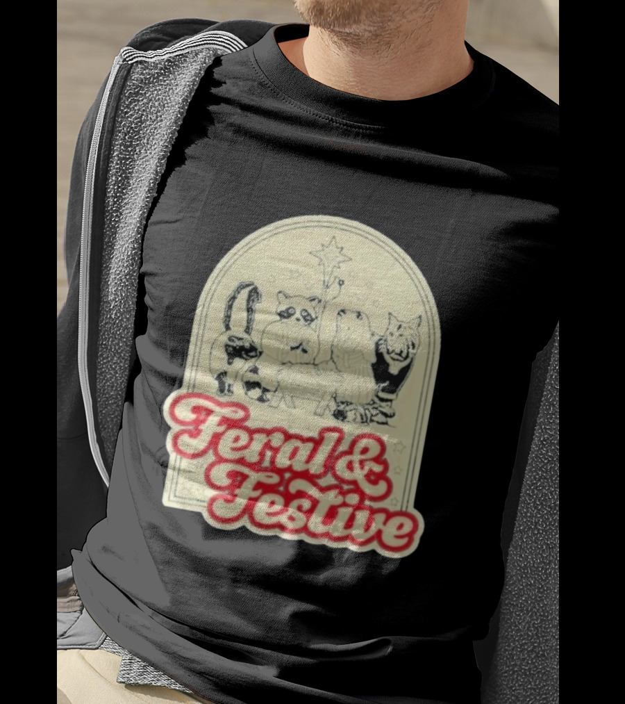 Feral And Festive Animal Nativity Scene Christmas Humor Raccoon Cat Skunk Ensemble T-Shirt