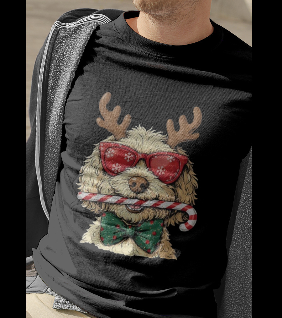 Goldendoodle Reindeer Antlers Candy Cane Snowflake Sunglasses Christmas Bow Tie T-Shirt