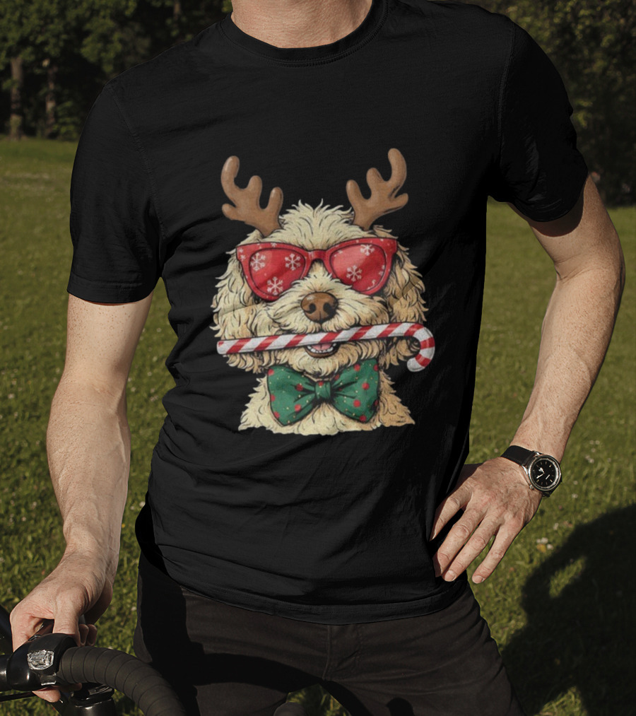Goldendoodle Reindeer Antlers Candy Cane Snowflake Sunglasses Christmas Bow Tie T-Shirt