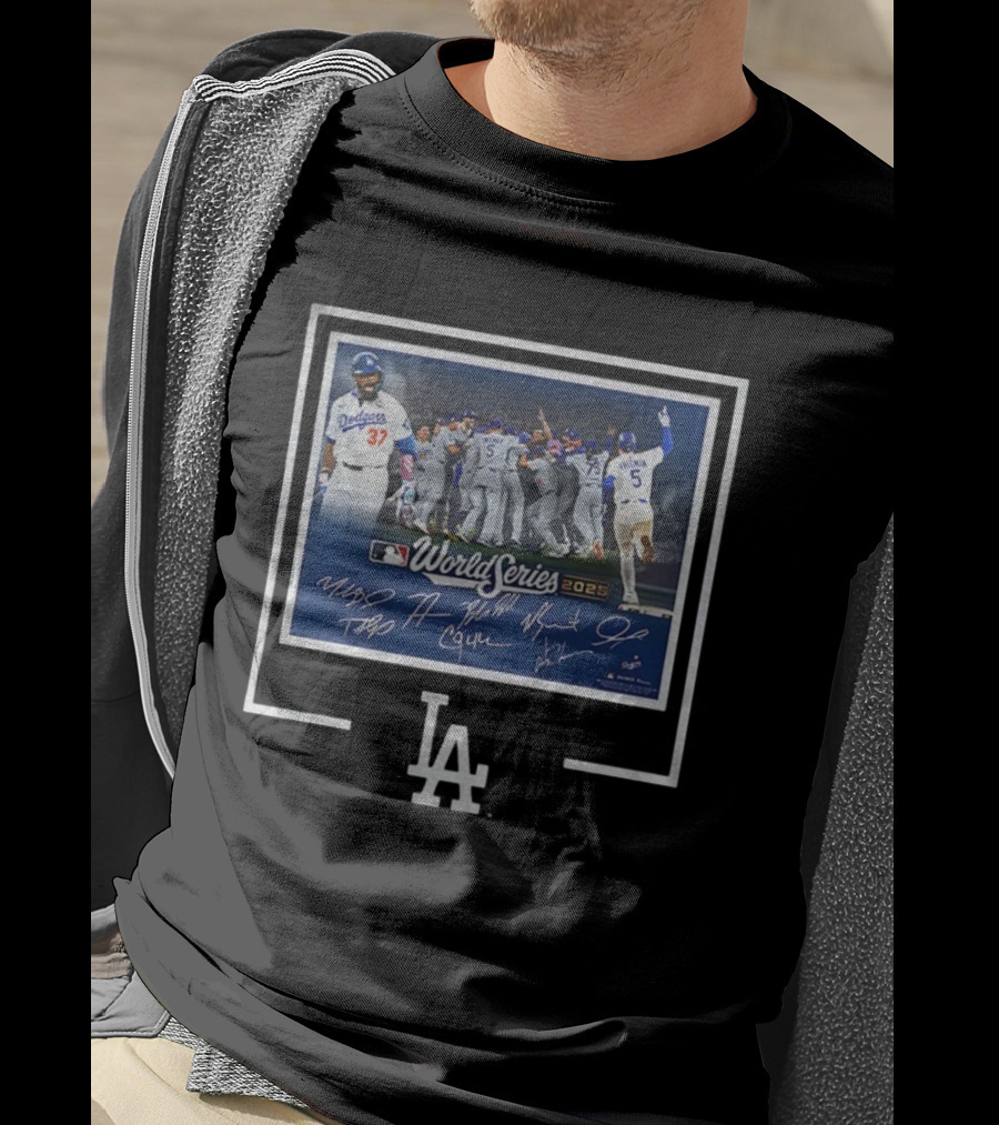 Los Angeles Dodgers 2025 World Series MLB Champions Autographed Photo Dodgers Team Celebration T-Shirt