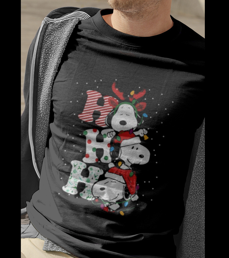 Snoopy Ho Ho Ho Santa Hat Reindeer Antlers Christmas Lights Snowflakes 2025 T-Shirt