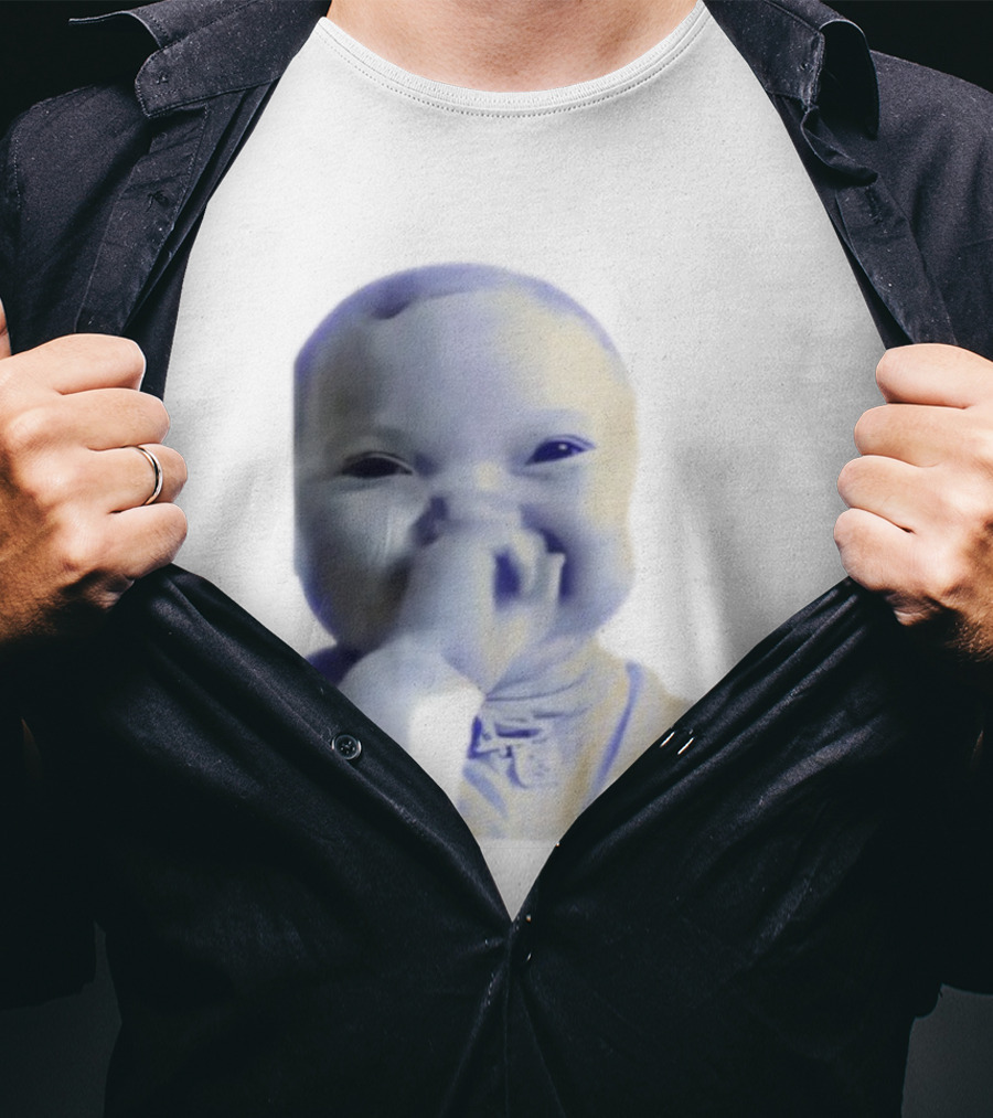 AI Baby Holding Laugh Meme Blue Tones T-Shirt