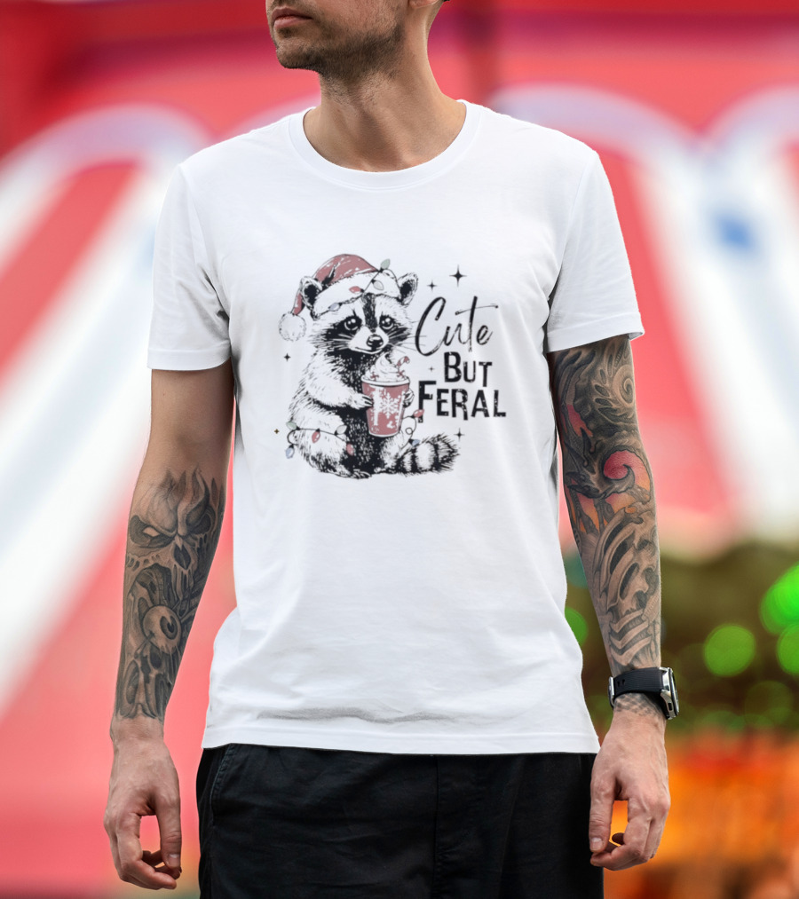 Cute But Feral Christmas Raccoon Santa Hat Lights Hot Cocoa T-Shirt
