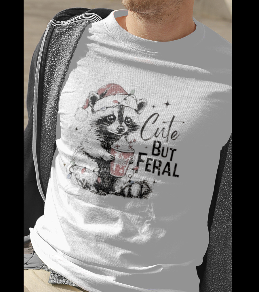 Cute But Feral Christmas Raccoon Santa Hat Lights Hot Cocoa T-Shirt