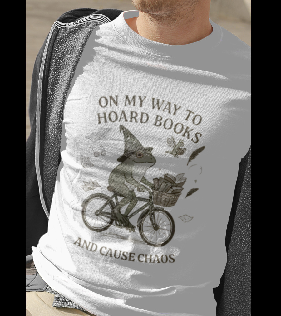 On My Way To Hoard Books And Cause Chaos Frog Riding Bike With Leaves T-Shirt