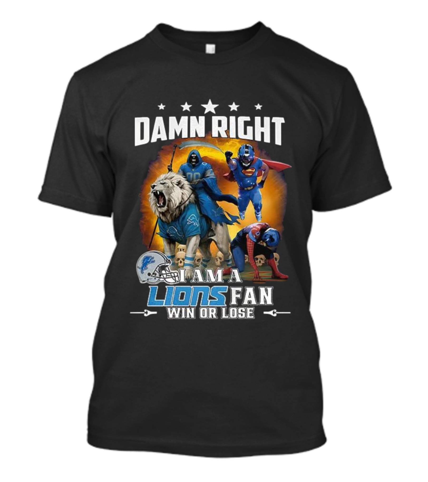 Damn Right I Am A Lions Fan Win Or Lose Grim Reaper Superhero T-Shirt