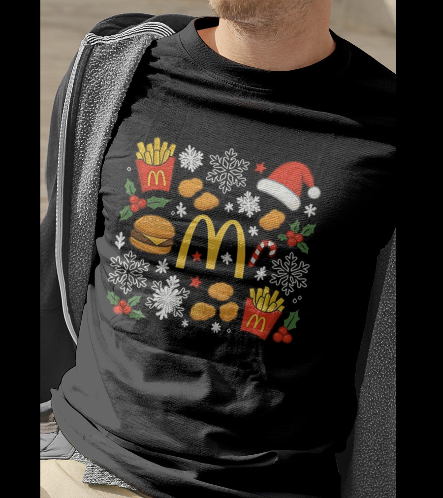 McDonald’s French Fries Chicken Nuggets Burgers Christmas Santa Hat Snowflakes Candy Cane T-Shirt