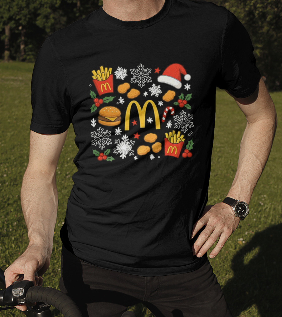 McDonald’s French Fries Chicken Nuggets Burgers Christmas Santa Hat Snowflakes Candy Cane T-Shirt