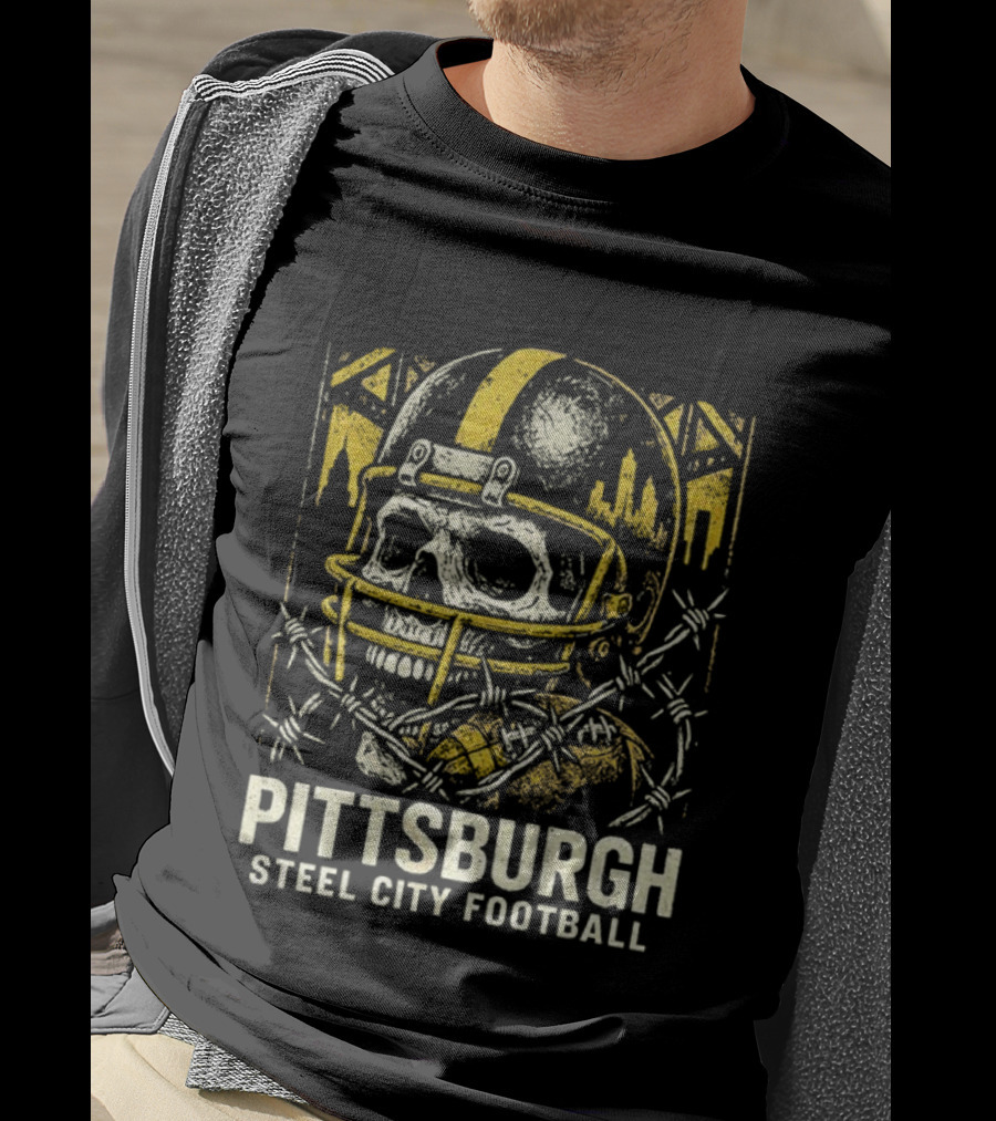 Pittsburgh Steel City Football Skull Helmet Barbed Wire Bridge Skyline T-Shirt