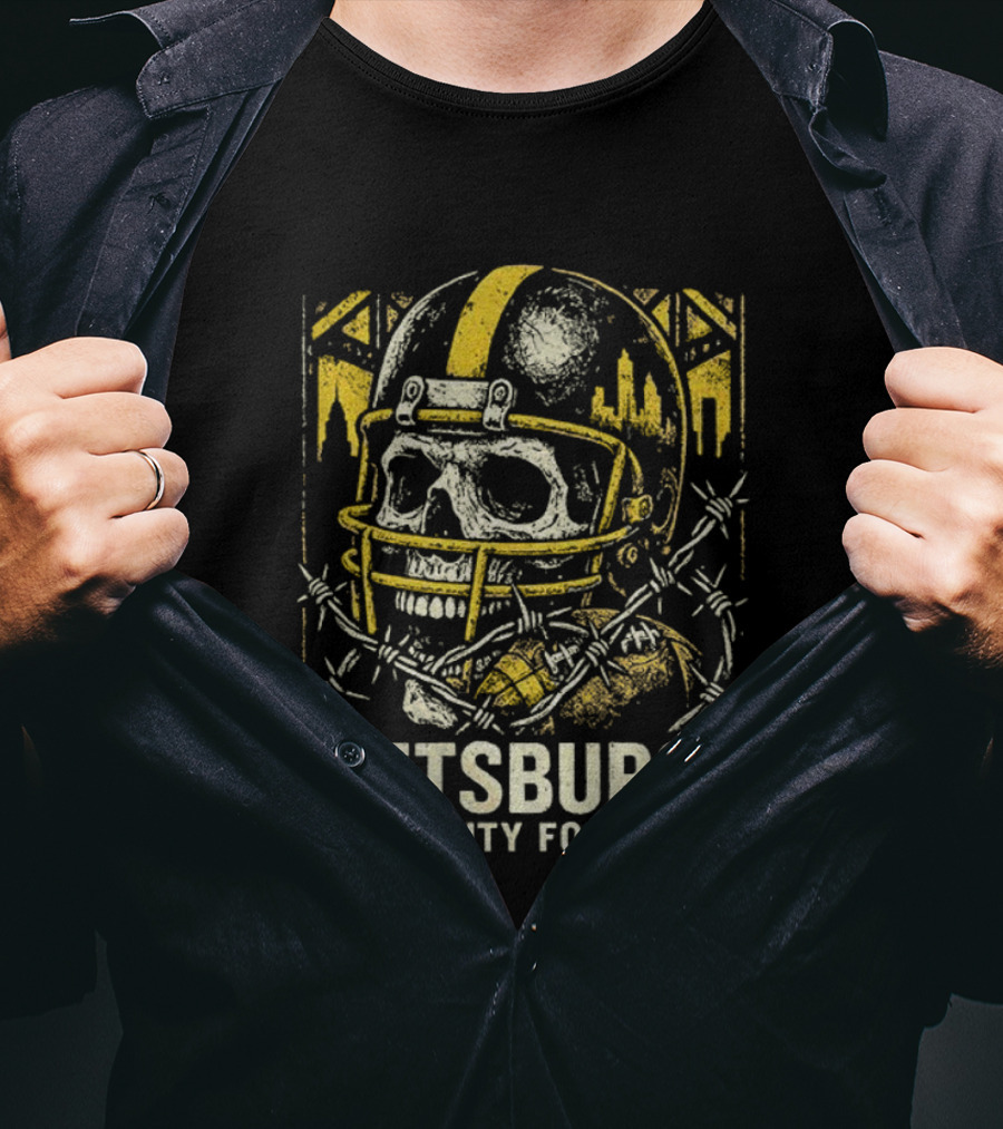 Pittsburgh Steel City Football Skull Helmet Barbed Wire Bridge Skyline T-Shirt