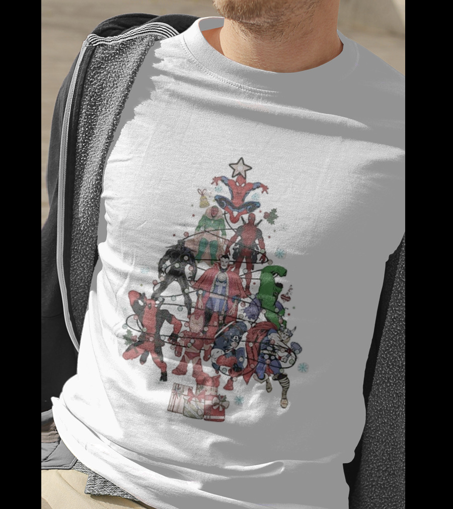 Marvel Superheroes Christmas Tree With Iconic Characters And Festive Star Topper T-Shirt