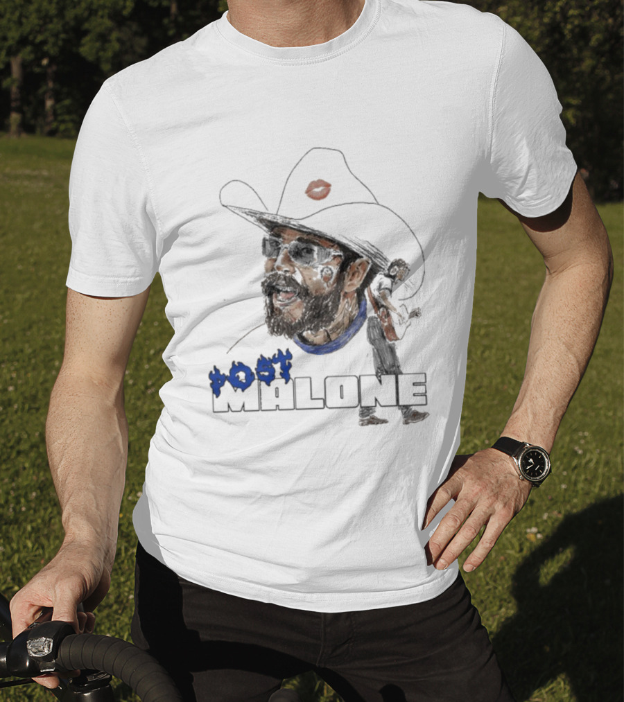 Post Malone Cowboy Hat Blue Flame Portrait T-Shirt