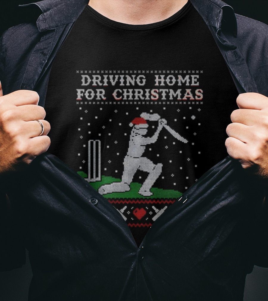 Driving Home For Christmas Cricket Player Santa Hat Snowflakes T-Shirt