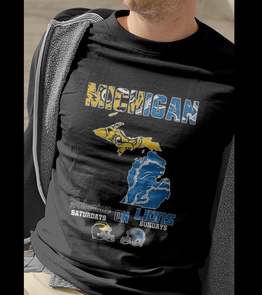 Michigan Wolverines Saturdays Detroit Lions Sundays Map T-Shirt