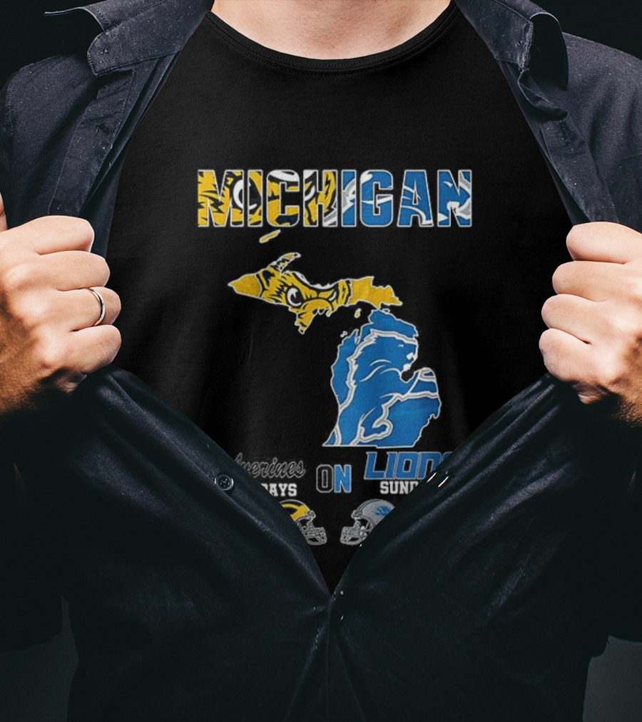 Michigan Wolverines Saturdays Detroit Lions Sundays Map T-Shirt