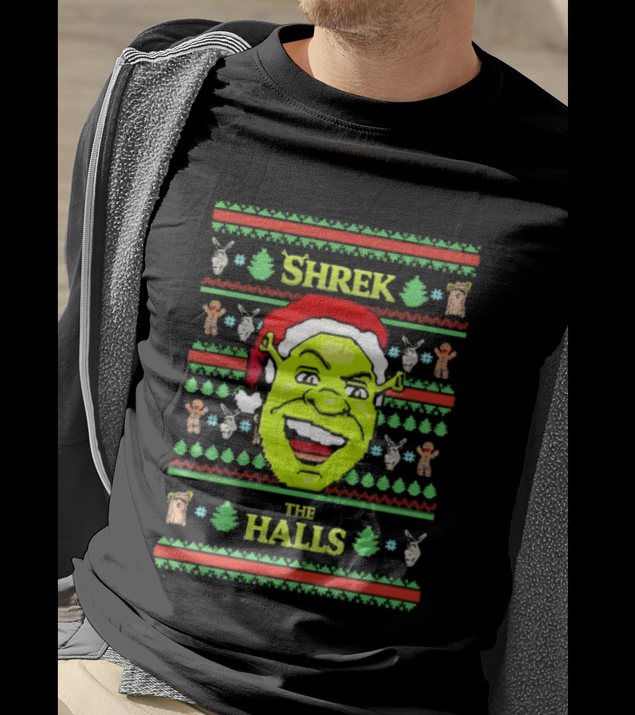 Shrek The Halls Christmas Ugly Sweater Design With Donkey And Santa Hat T-Shirt