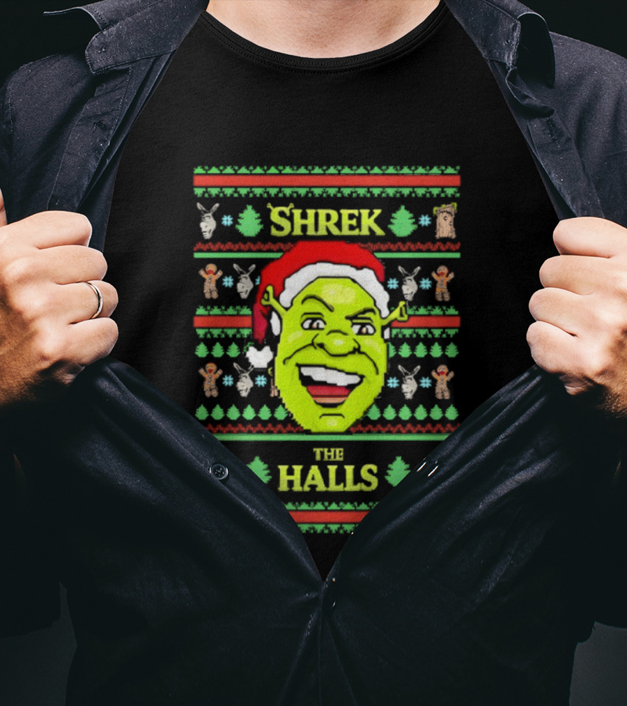 Shrek The Halls Christmas Ugly Sweater Design With Donkey And Santa Hat T-Shirt