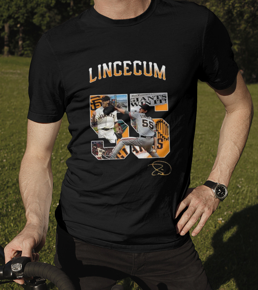 Lincecum Giants Number 55 Giants Win Orange Black Signature T-Shirt