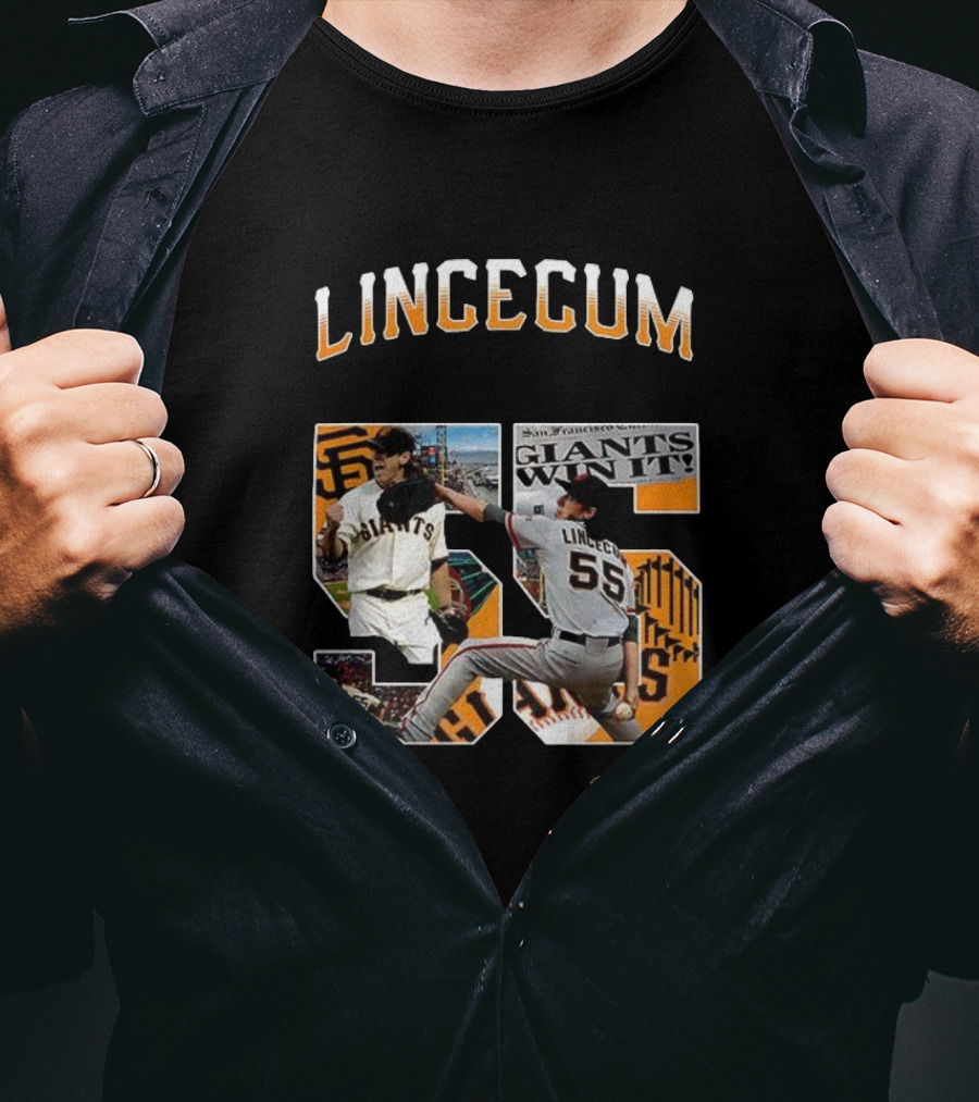 Lincecum Giants Number 55 Giants Win Orange Black Signature T-Shirt