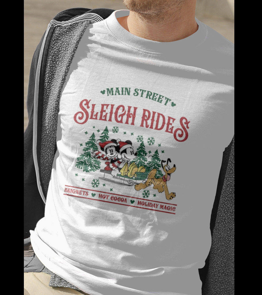 Main Street Sleigh Rides Beignets Hot Cocoa Holiday Magic Disney Christmas Mickey Minnie Pluto T-Shirt