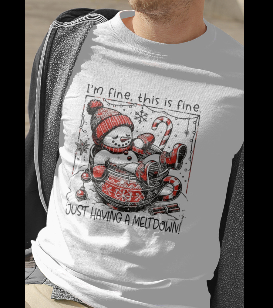 Snowman Santa Hat I'm Fine This Is Fine Just Having A Meltdown Merry Christmas T-Shirt