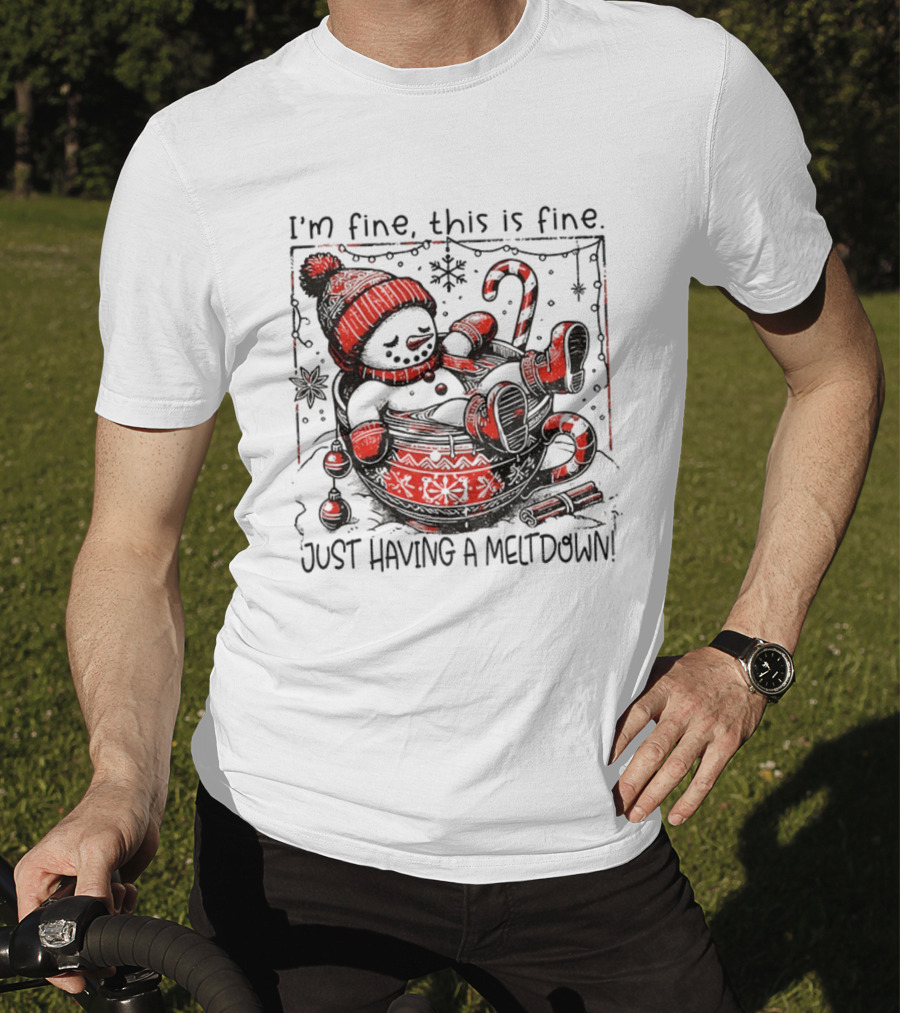 Snowman Santa Hat I'm Fine This Is Fine Just Having A Meltdown Merry Christmas T-Shirt