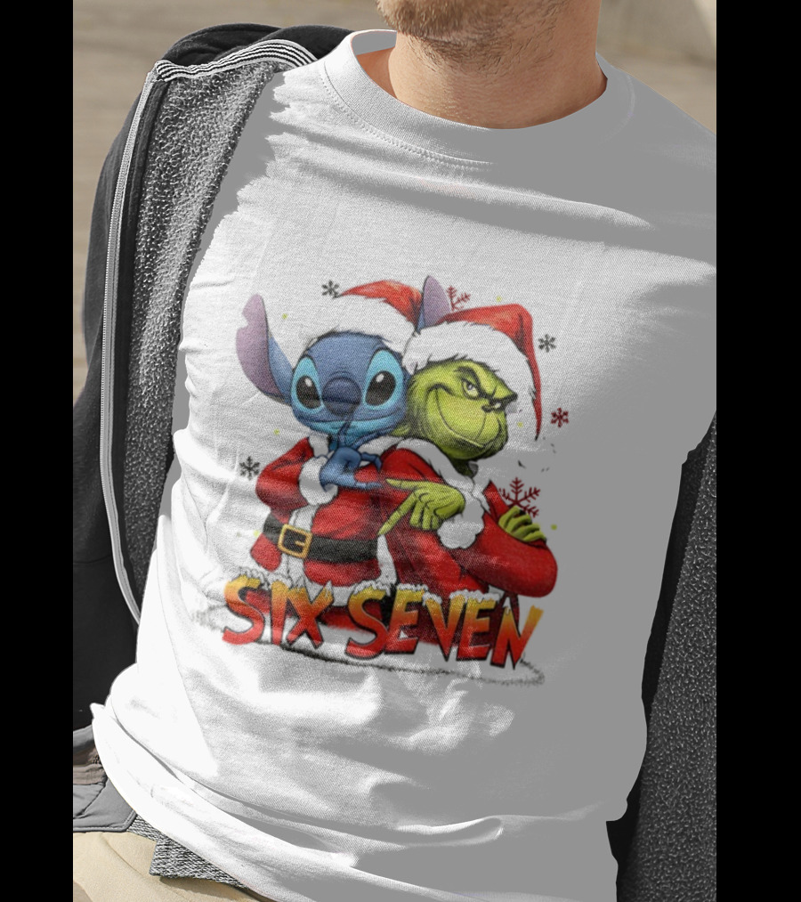 Stitch Grinch Santa Hat Six Seven Christmas Meme T-Shirt