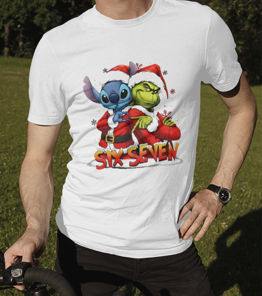 Stitch Grinch Santa Hat Six Seven Christmas Meme T-Shirt