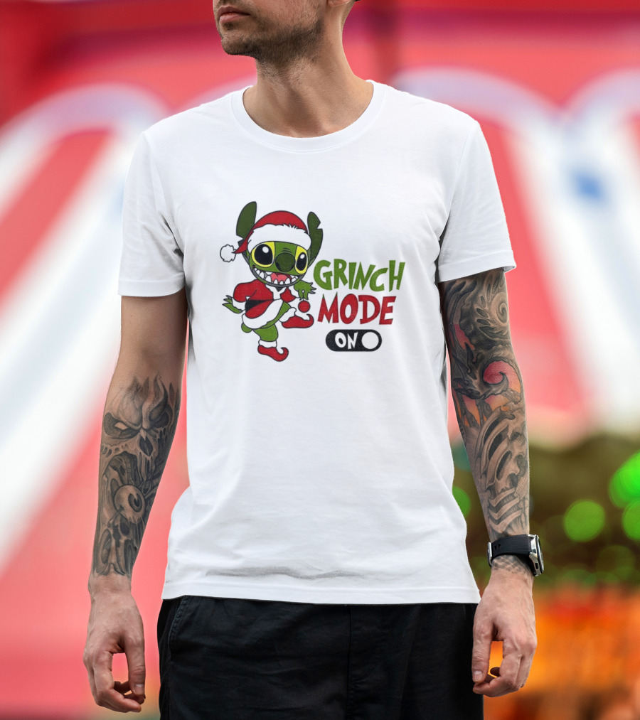 Stitch Grinch Santa Grinch Mode Merry Christmas Turn On T-Shirt