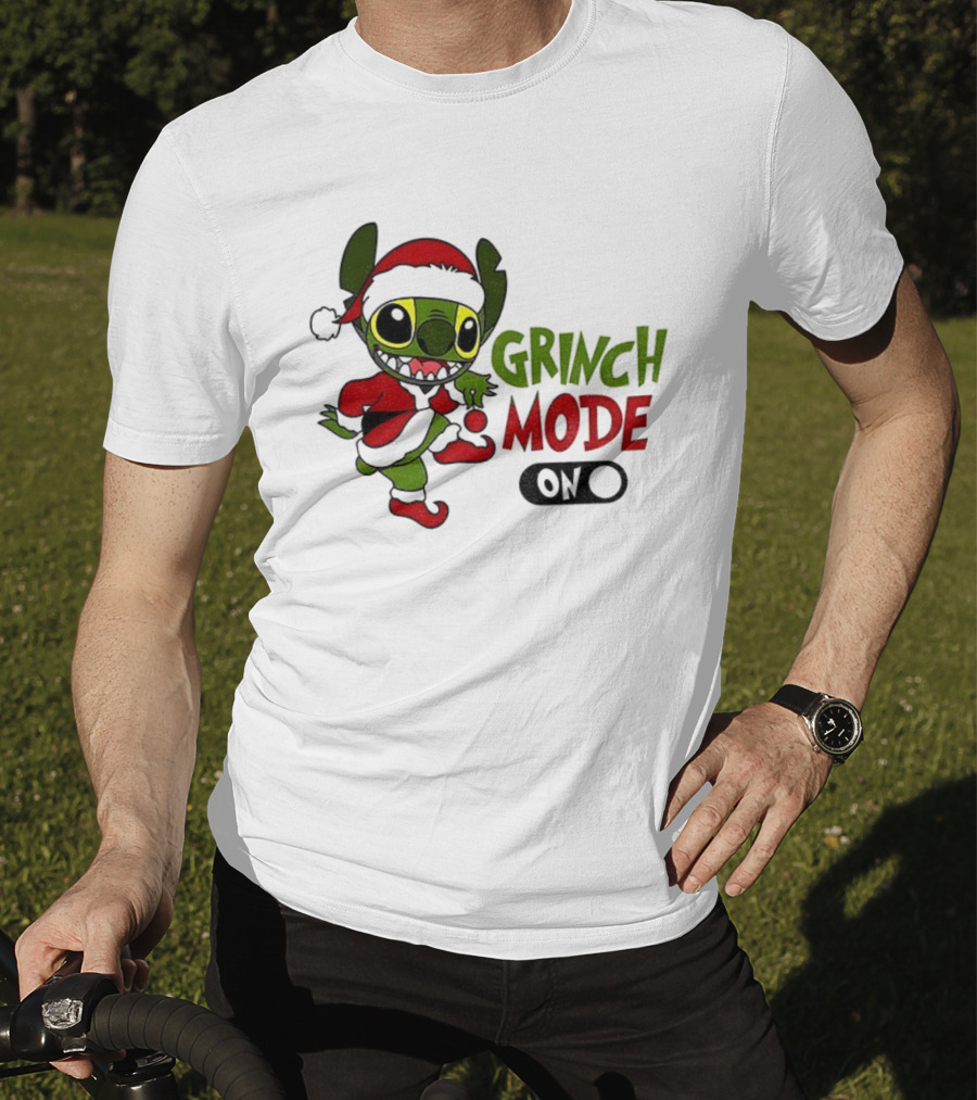 Stitch Grinch Santa Grinch Mode Merry Christmas Turn On T-Shirt