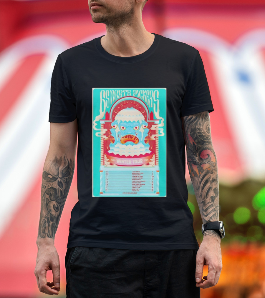 65 North Pickers 2025 2026 Winter Tour Vibrant Monster Face Artwork And Dates T-Shirt