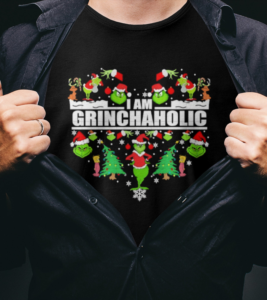 I Am Grinchaholic Christmas Grinch Ornament Festive Santa Hat Trees T-Shirt