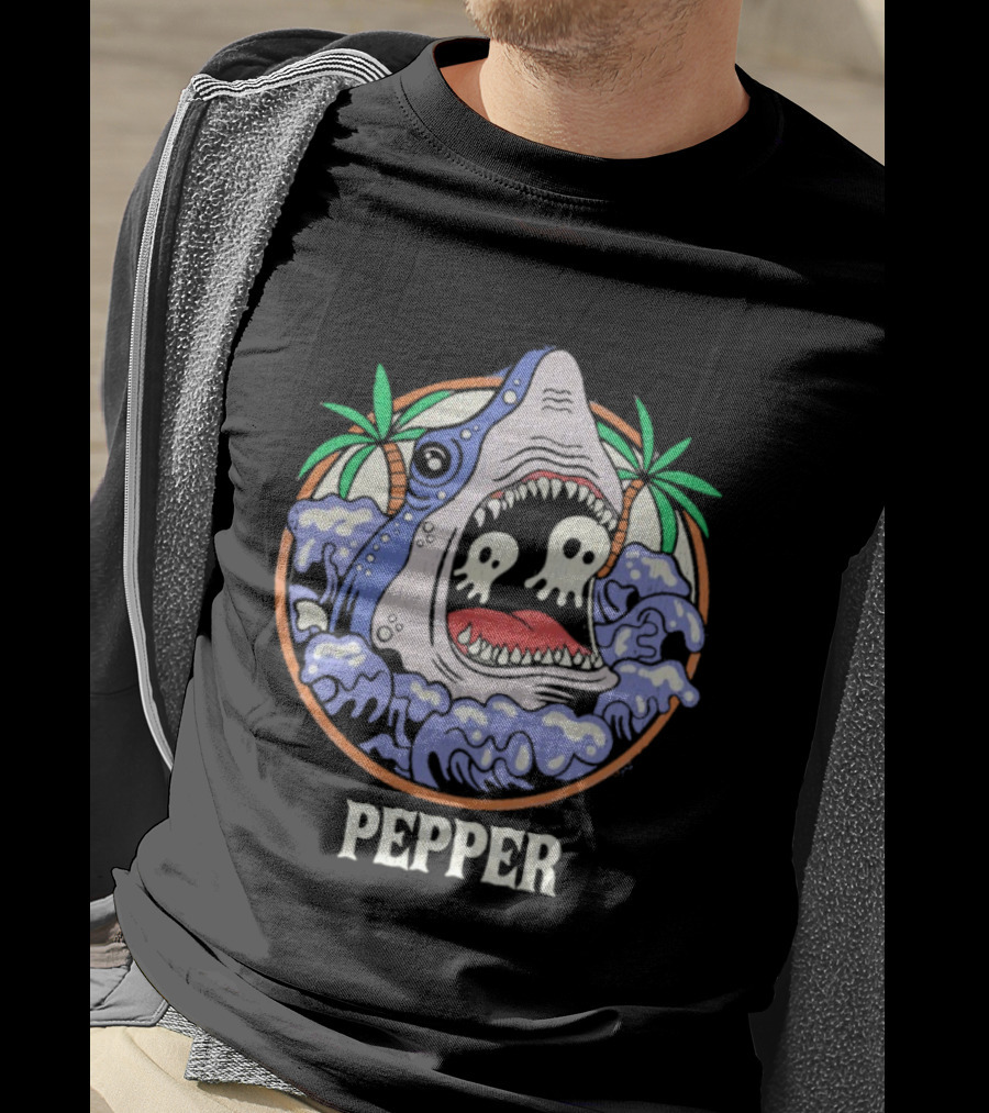 Skull-Waving Shark Attack Pepper Ocean Adventure T-Shirt
