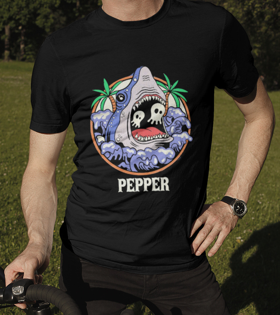 Skull-Waving Shark Attack Pepper Ocean Adventure T-Shirt