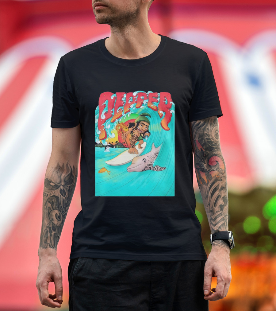 Pepper Surfer Riding Waves With Tattooed Dolphin T-Shirt
