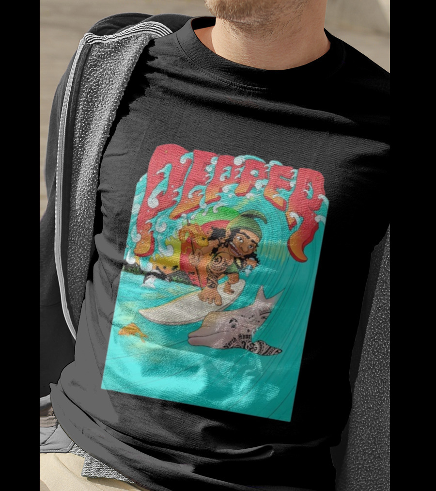 Pepper Surfer Riding Waves With Tattooed Dolphin T-Shirt
