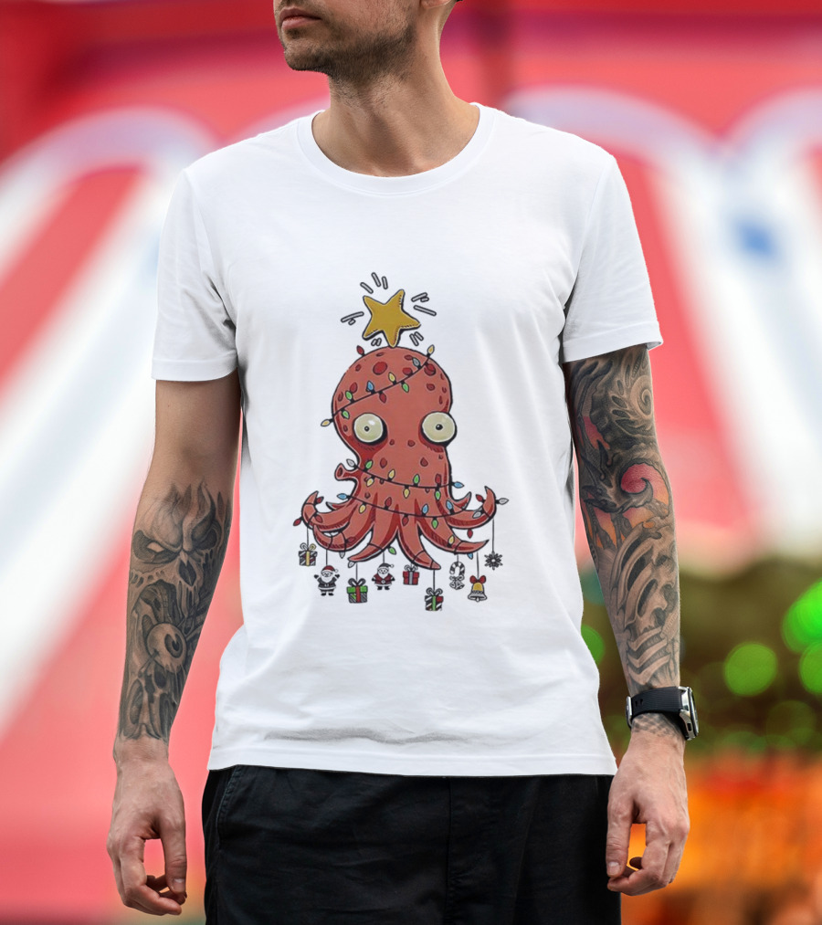 Christmas Octopus Tree Wrapped In Light Cords With Star And Decorations T-Shirt