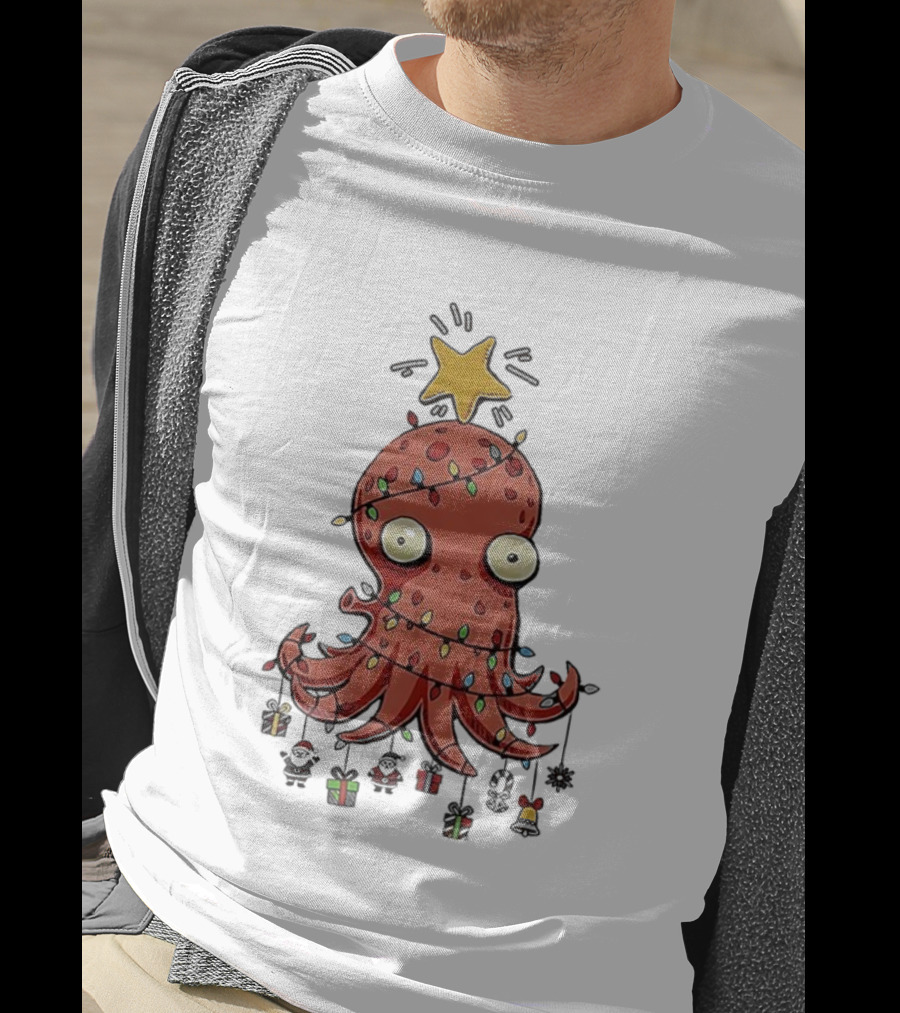 Christmas Octopus Tree Wrapped In Light Cords With Star And Decorations T-Shirt