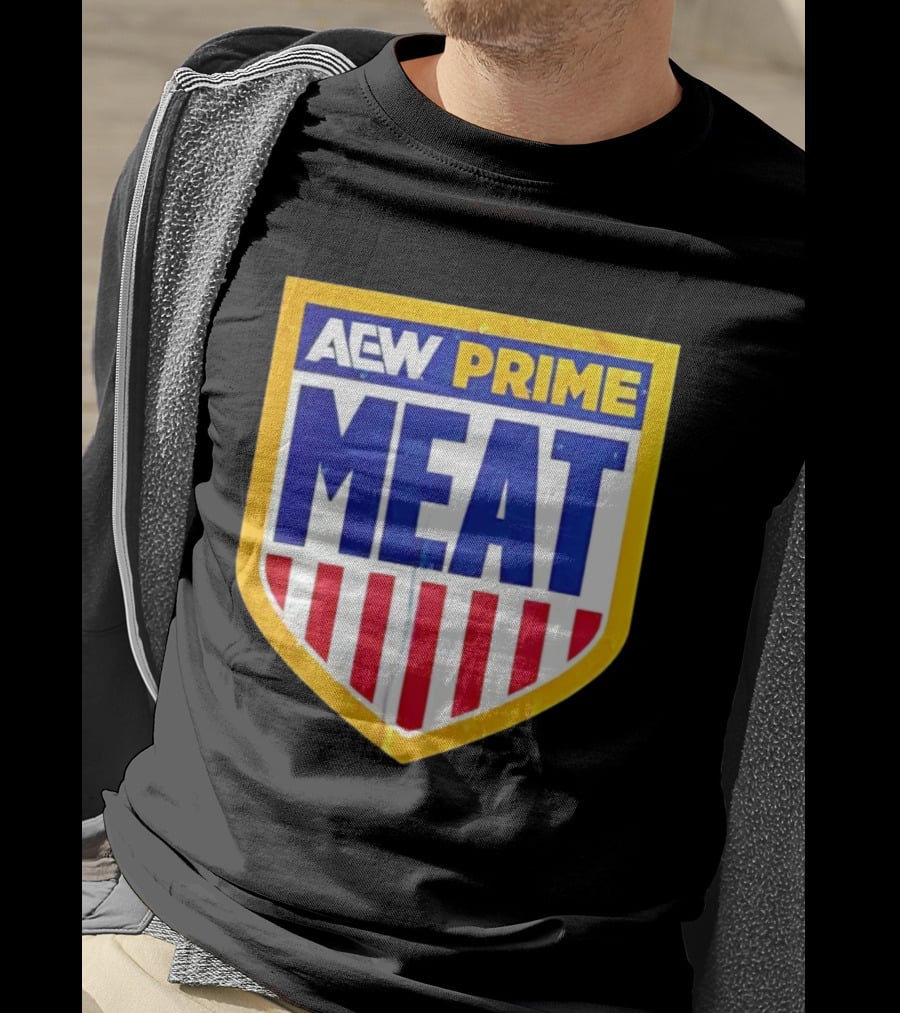 AEW Prime Meat Shield Bold Lettering And Stripes T-Shirt