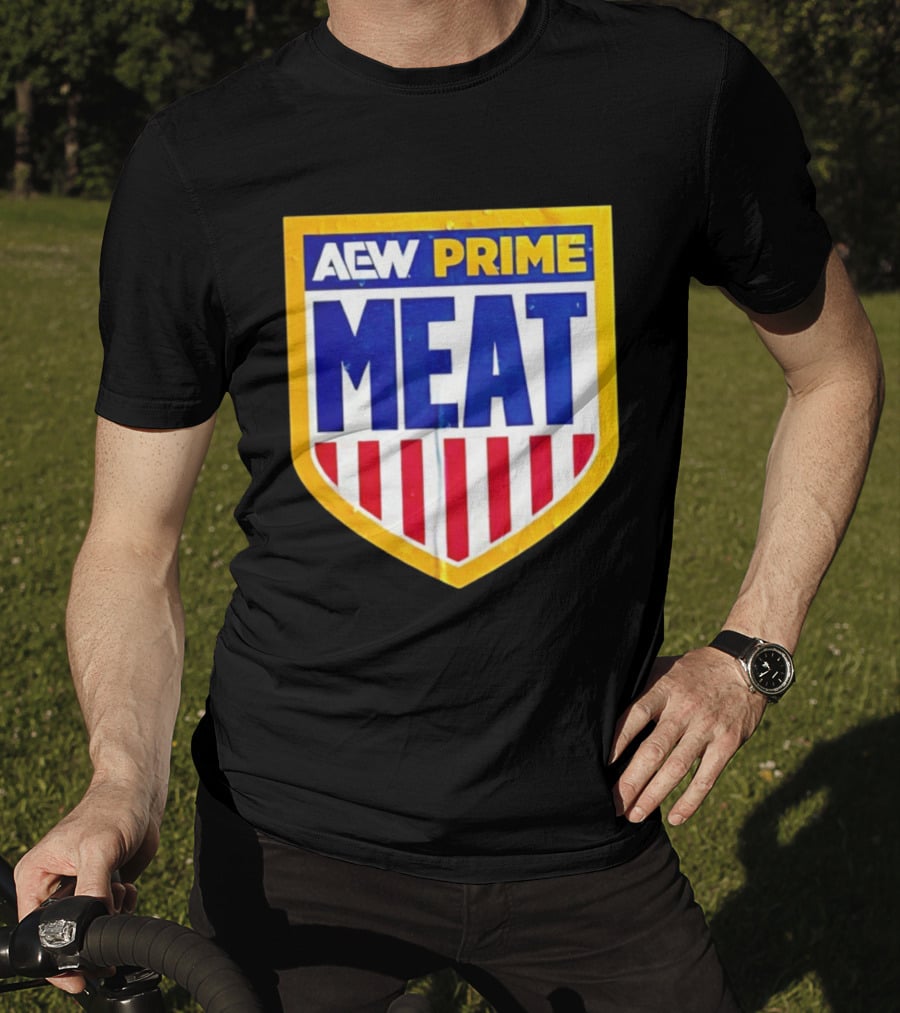 AEW Prime Meat Shield Bold Lettering And Stripes T-Shirt